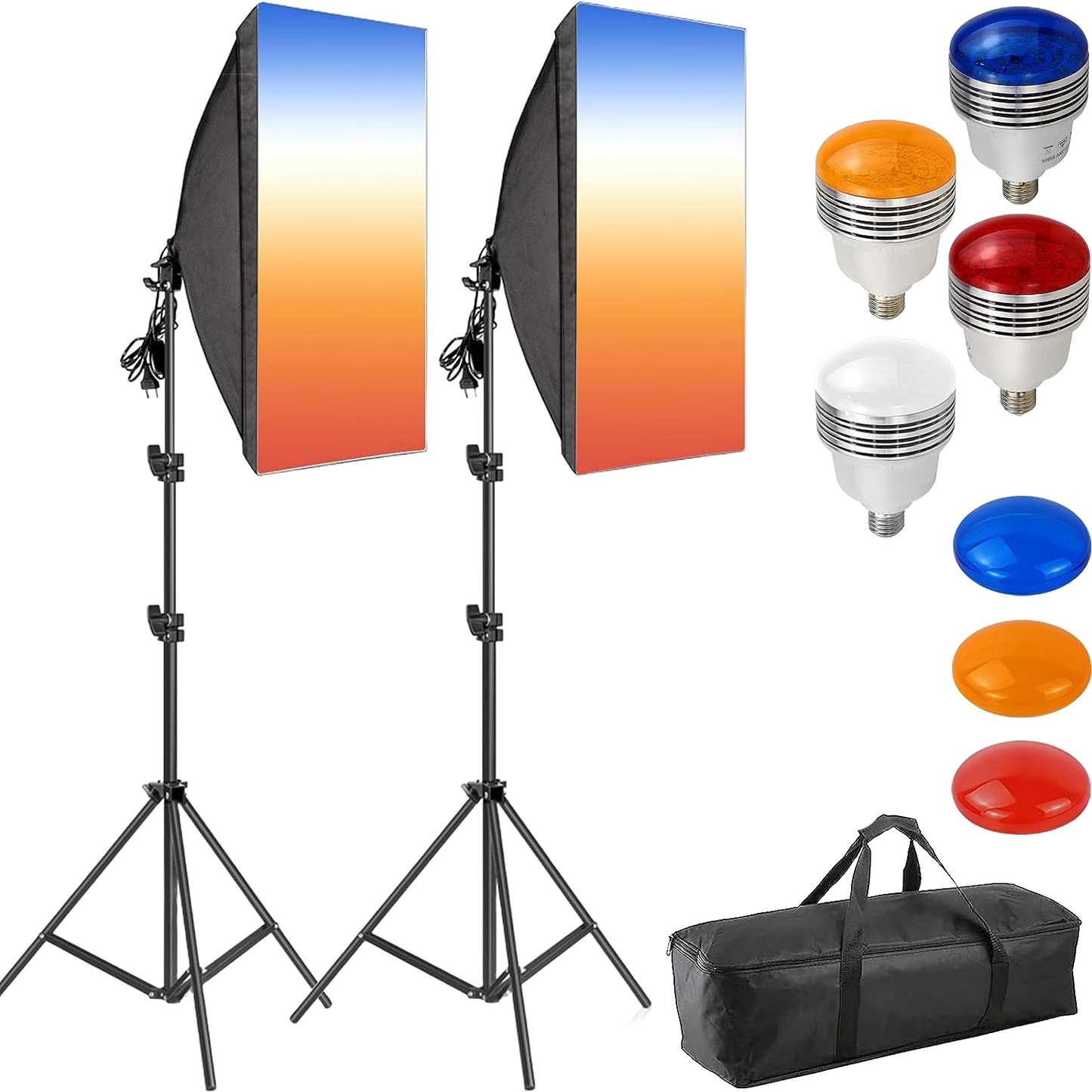 Kit lumina continua, lumini de studio cu 2 Softbox 50x70 cm, 2 lampi LED si 3 filtre de culoare, 2 trepiede 200 cm, 2 panze de difuzie, 2 telecomenzi, geanta de depozitare si transport