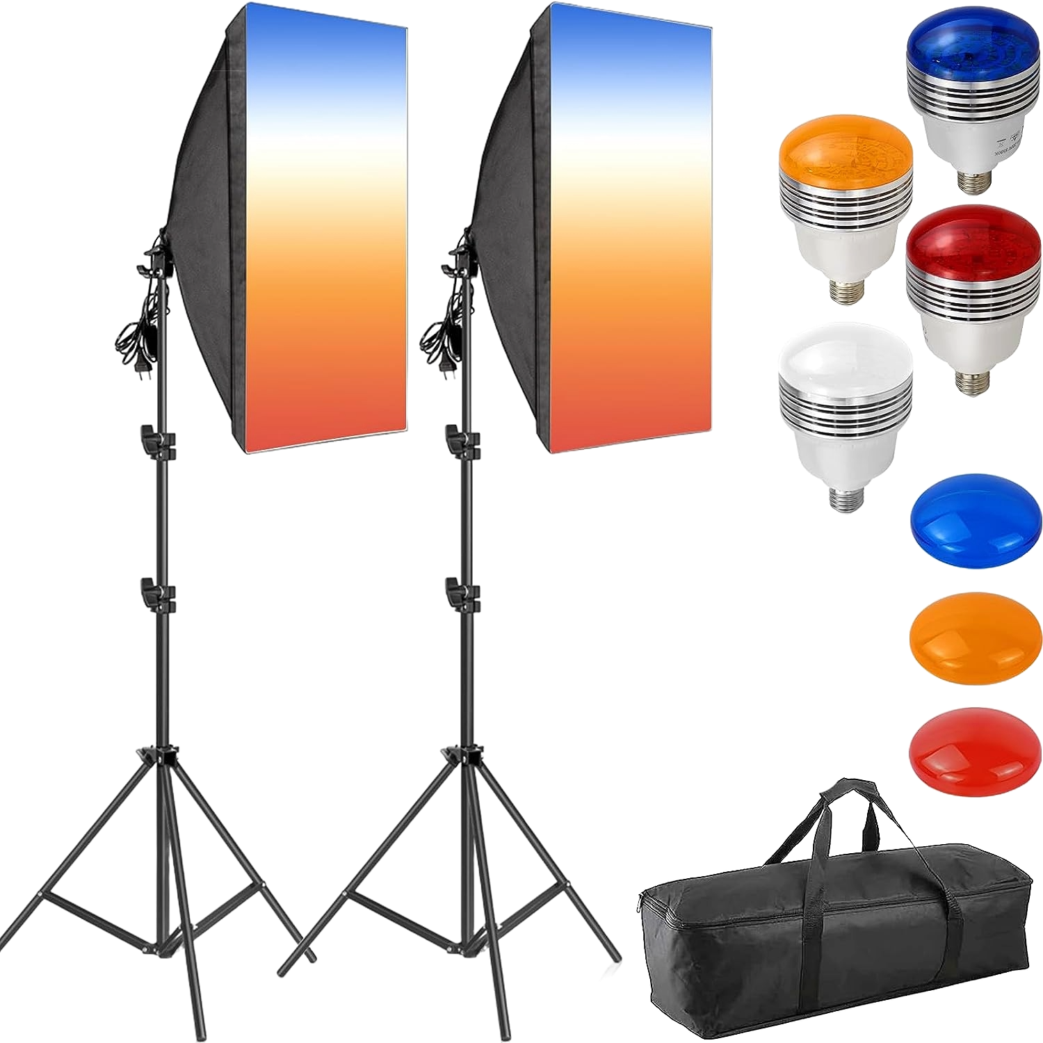 Kit lumina continua, lumini de studio cu 2 Softbox 50x70 cm, 2 lampi LED si 3 filtre de culoare, 2 trepiede 200 cm, 2 panze de difuzie, 2 telecomenzi, geanta de depozitare si transport