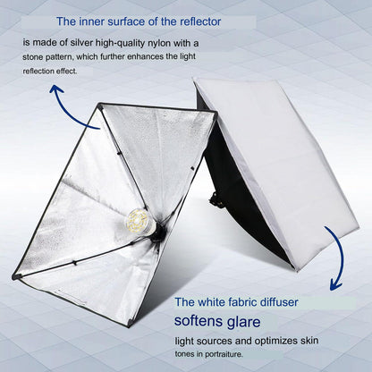 Kit lumina continua, lumini de studio cu 2 Softbox 50x70 cm, 2 lampi LED si 3 filtre de culoare, 2 trepiede 200 cm, 2 panze de difuzie, 2 telecomenzi, geanta de depozitare si transport