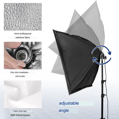 Kit lumina continua, lumini de studio cu 2 Softbox 50x70 cm, 2 lampi LED si 3 filtre de culoare, 2 trepiede 200 cm, 2 panze de difuzie, 2 telecomenzi, geanta de depozitare si transport