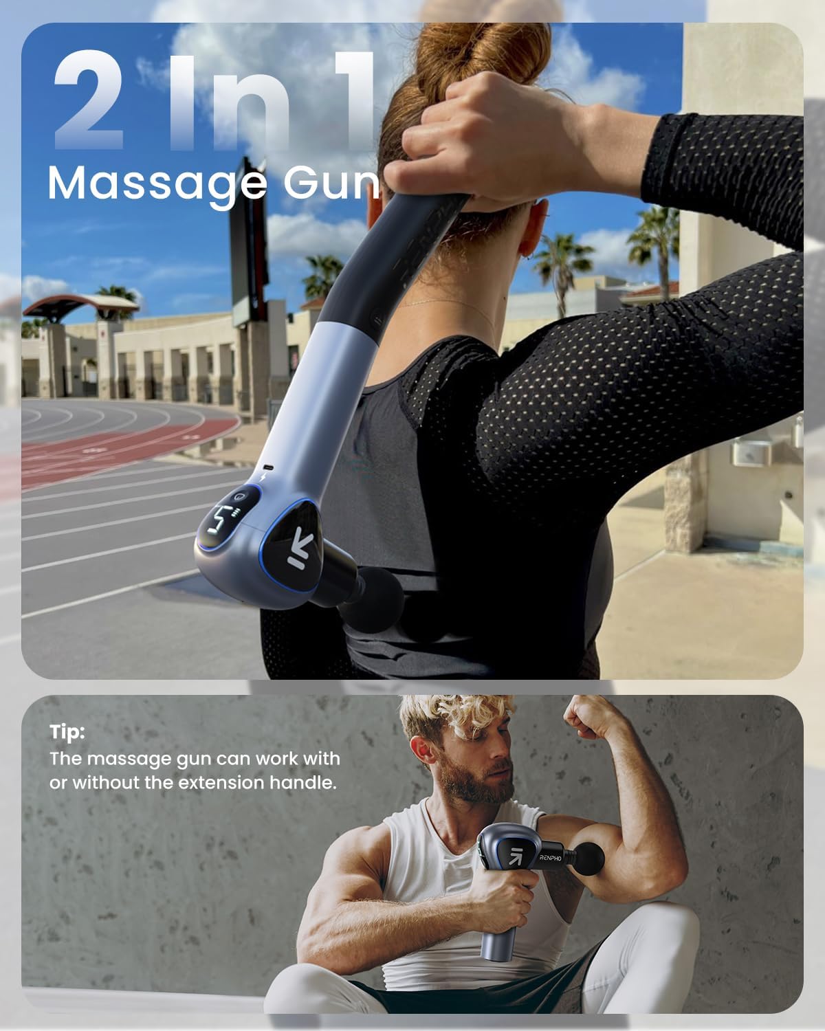 Aparat de masaj tip pistol, gun cu extensie pentru maner, display LED cu buton touch, 5 viteze, 4 capete, incarcare rapida, pentru masaj si relaxare musculara, Renpho