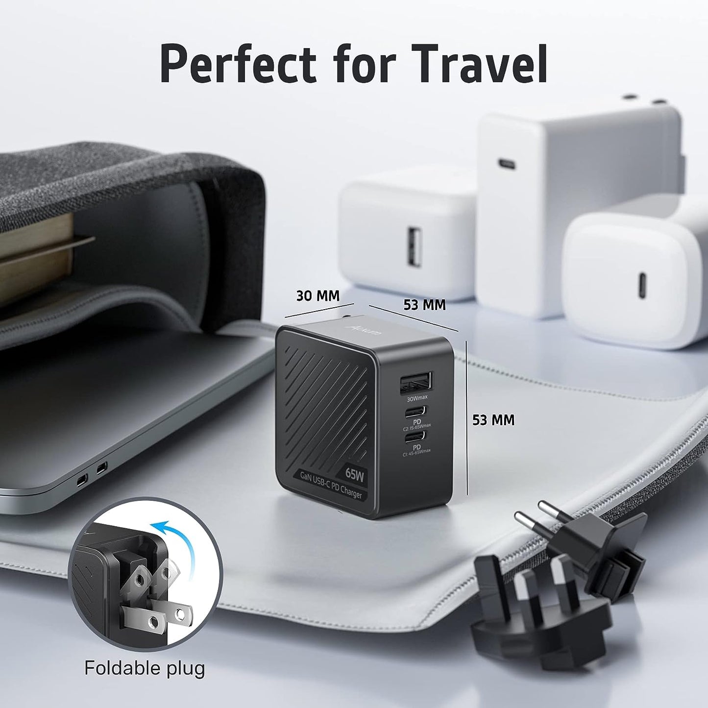 Incarcator retea 65W cu 3 porturi, cu incarcare rapida PD USB-C si port USB, pentru MacBook, laptop, tableta, smartphone