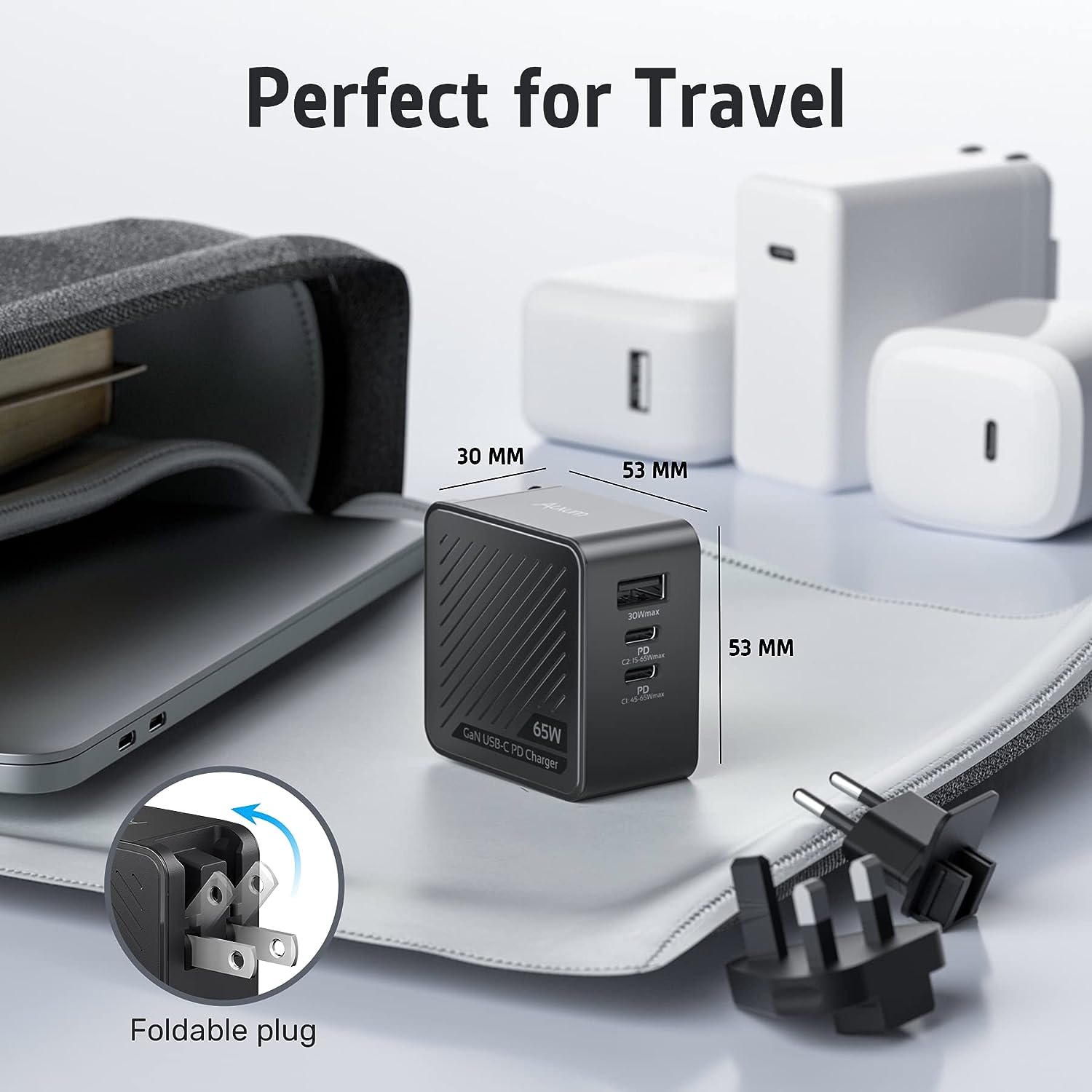 Incarcator retea 65W cu 3 porturi, cu incarcare rapida PD USB-C si port USB, pentru MacBook, laptop, tableta, smartphone