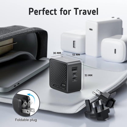 Incarcator retea 65W cu 3 porturi, cu incarcare rapida PD USB-C si port USB, pentru MacBook, laptop, tableta, smartphone