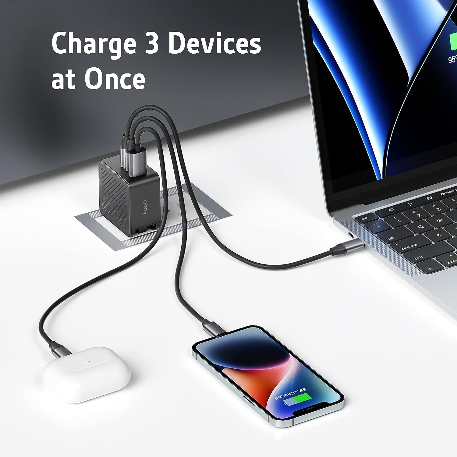 Incarcator retea 65W cu 3 porturi, cu incarcare rapida PD USB-C si port USB, pentru MacBook, laptop, tableta, smartphone