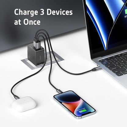 Incarcator retea 65W cu 3 porturi, cu incarcare rapida PD USB-C si port USB, pentru MacBook, laptop, tableta, smartphone