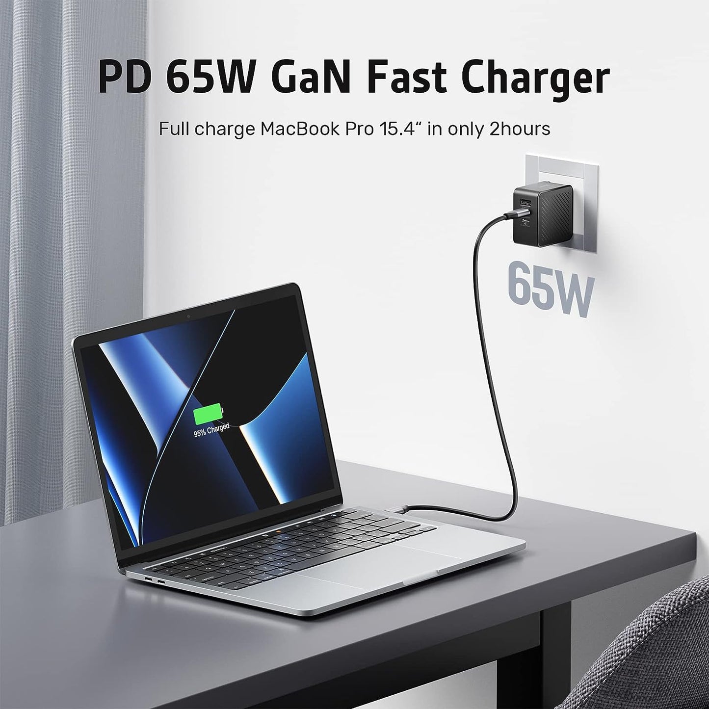 Incarcator retea 65W cu 3 porturi, cu incarcare rapida PD USB-C si port USB, pentru MacBook, laptop, tableta, smartphone