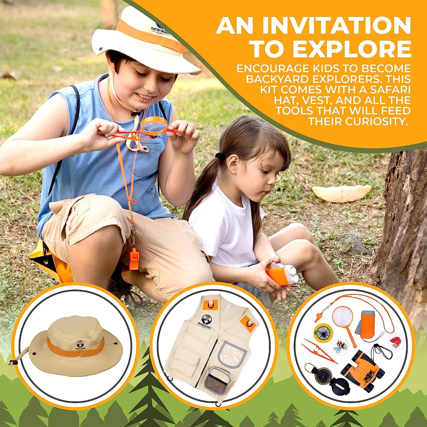 Set de cercetare pentru explorarea naturii, kit explorator aventurier cu vesta, palarie, binoclu, lanterna, fluier, busola, penseta, lupa, geanta de depozitare, portocaliu