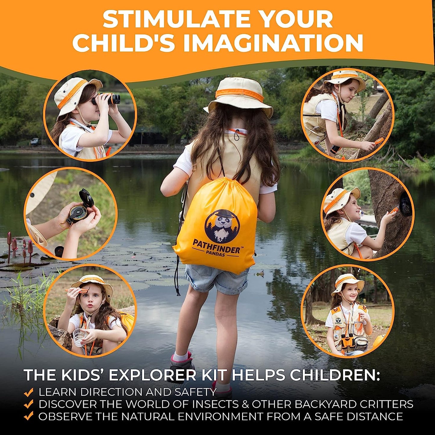 Set de cercetare pentru explorarea naturii, kit explorator aventurier cu vesta, palarie, binoclu, lanterna, fluier, busola, penseta, lupa, geanta de depozitare, portocaliu