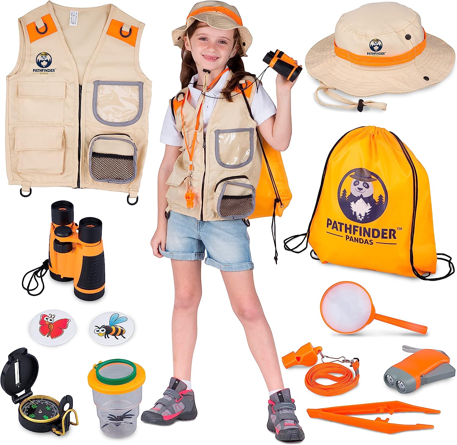 Set de cercetare pentru explorarea naturii, kit explorator aventurier cu vesta, palarie, binoclu, lanterna, fluier, busola, penseta, lupa, geanta de depozitare, portocaliu