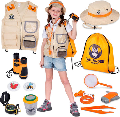 Set de cercetare pentru explorarea naturii, kit explorator aventurier cu vesta, palarie, binoclu, lanterna, fluier, busola, penseta, lupa, geanta de depozitare, portocaliu