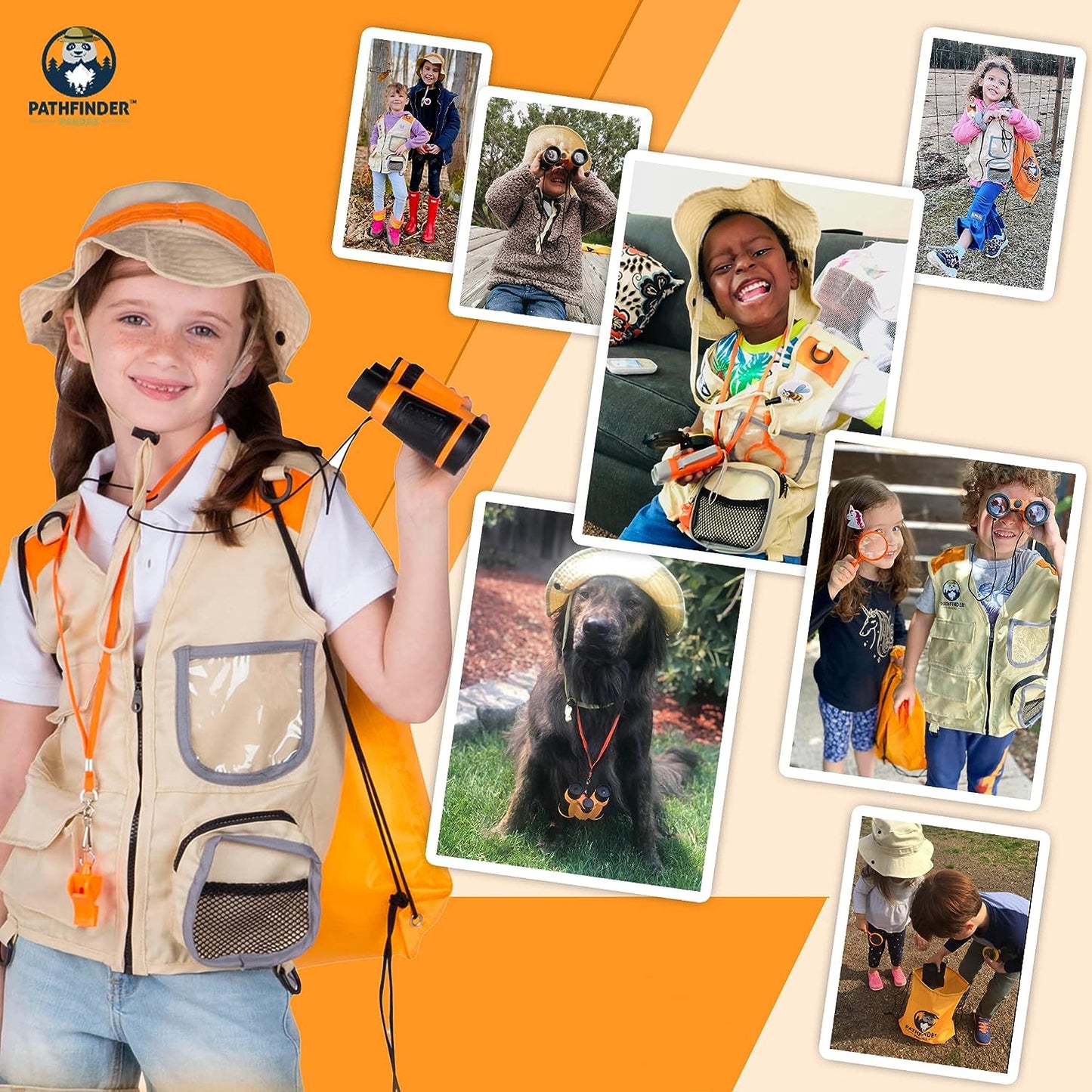 Set de cercetare pentru explorarea naturii, kit explorator aventurier cu vesta, palarie, binoclu, lanterna, fluier, busola, penseta, lupa, geanta de depozitare, portocaliu