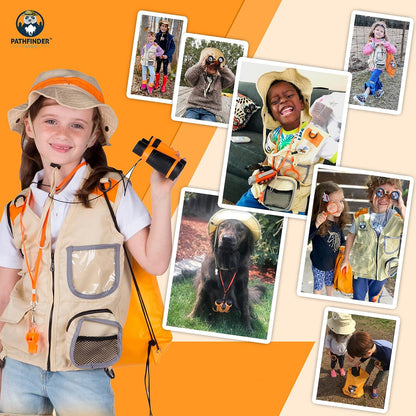 Set de cercetare pentru explorarea naturii, kit explorator aventurier cu vesta, palarie, binoclu, lanterna, fluier, busola, penseta, lupa, geanta de depozitare, portocaliu