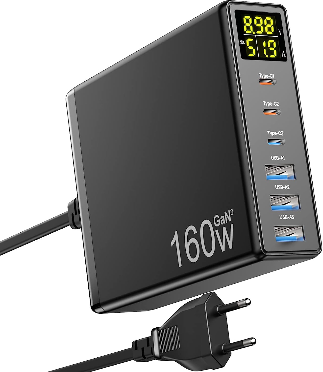 Incarcator retea 160 W USB C GaN cu 6 porturi, Incarcator PPS cu afisaj LED, 3 porturi USB-A si 3 porturi USB-C, incarcare PD, pentru MacBook Pro Laptop iPhone iPad Samsung