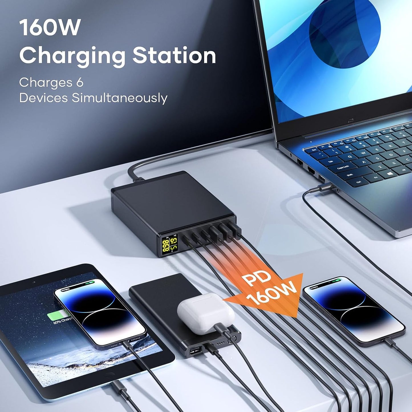 Incarcator retea 160 W USB C GaN cu 6 porturi, Incarcator PPS cu afisaj LED, 3 porturi USB-A si 3 porturi USB-C, incarcare PD, pentru MacBook Pro Laptop iPhone iPad Samsung