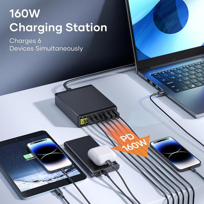 Incarcator retea 160 W USB C GaN cu 6 porturi, Incarcator PPS cu afisaj LED, 3 porturi USB-A si 3 porturi USB-C, incarcare PD, pentru MacBook Pro Laptop iPhone iPad Samsung