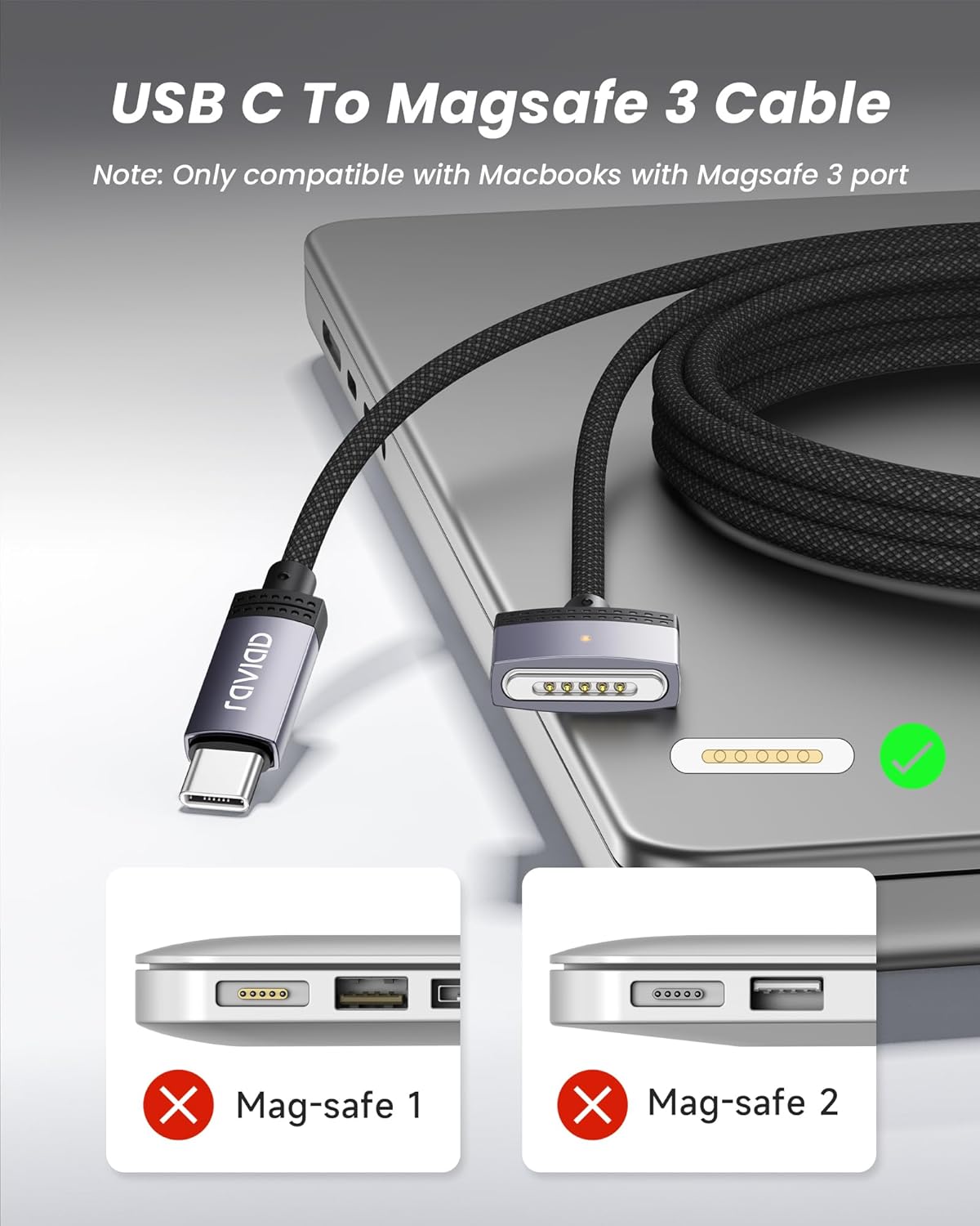 Cablu de incarcare USB-C la Magsafe 3 pentru alimentare de 2 m, MacBook Air (M1, 2020), MacBook Pro (M1, 2020), Mac Mini 2020, de 2 metri, 100 W PD, cu indicator LED, magnetic