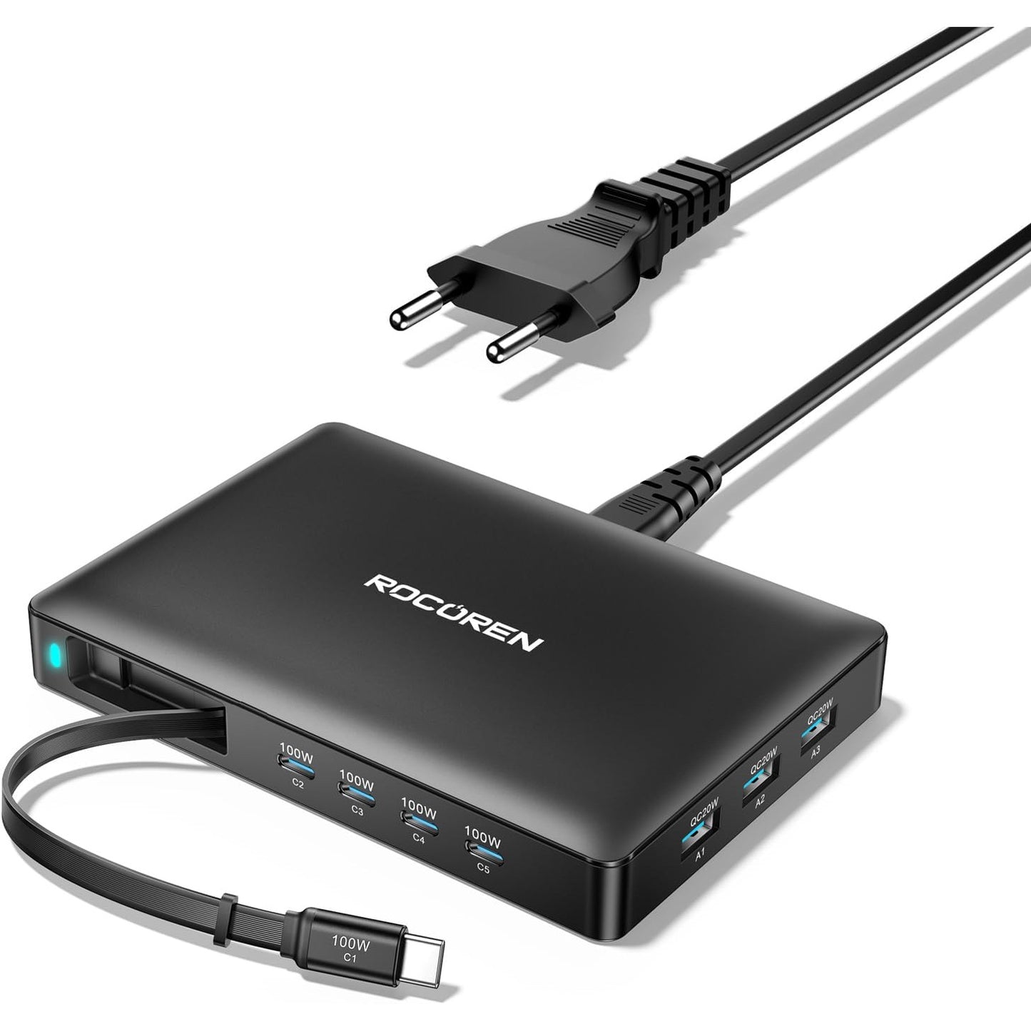 Statie de Incarcare multi-dispozitiv Rocoren 8 in 1 GaN 100W PD, cablu USB-C retractabil integrat 80 cm, incarcare rapida PD 3.0 / QC 4.0 / PPS, compatibil iPhone 17/16/15, MacBook, Samsung Galaxy, Pixel, laptopuri si tablete