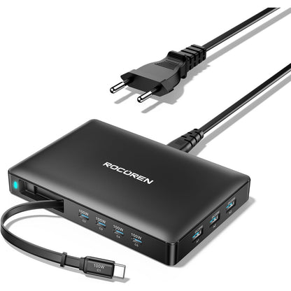 Statie de Incarcare multi-dispozitiv Rocoren 8 in 1 GaN 100W PD, cablu USB-C retractabil integrat 80 cm, incarcare rapida PD 3.0 / QC 4.0 / PPS, compatibil iPhone 17/16/15, MacBook, Samsung Galaxy, Pixel, laptopuri si tablete