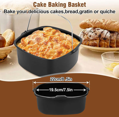 Set 15 accesorii pentru friteuza cu aer cald, compatibil cu modelele Airfryer de 5.5 litri, cu forme de prajituri, tava pentru pizza, spatula, clesti si protectie din silicon, universal