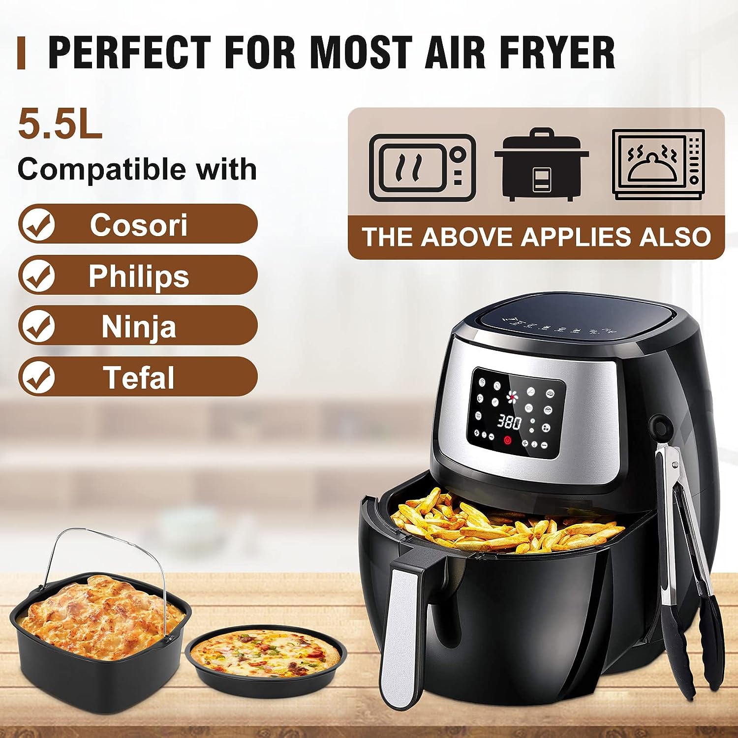Set 15 accesorii pentru friteuza cu aer cald, compatibil cu modelele Airfryer de 5.5 litri, cu forme de prajituri, tava pentru pizza, spatula, clesti si protectie din silicon, universal
