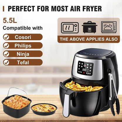 Set 15 accesorii pentru friteuza cu aer cald, compatibil cu modelele Airfryer de 5.5 litri, cu forme de prajituri, tava pentru pizza, spatula, clesti si protectie din silicon, universal
