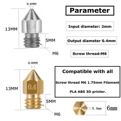 Set duze imprimanta 3D, 30 de piese, de 0.2mm 0.4mm 0.6mm, filet M6, filament 1.75mm, din alama si otel inoxidabil, cu tije de curatare, pentru Creality Ender 3 V2 /Ender 3 /Ender 3 Pro/Ender 3 Max/Ender 5 Pro, Ender 3 S1/Ender Neo/CR