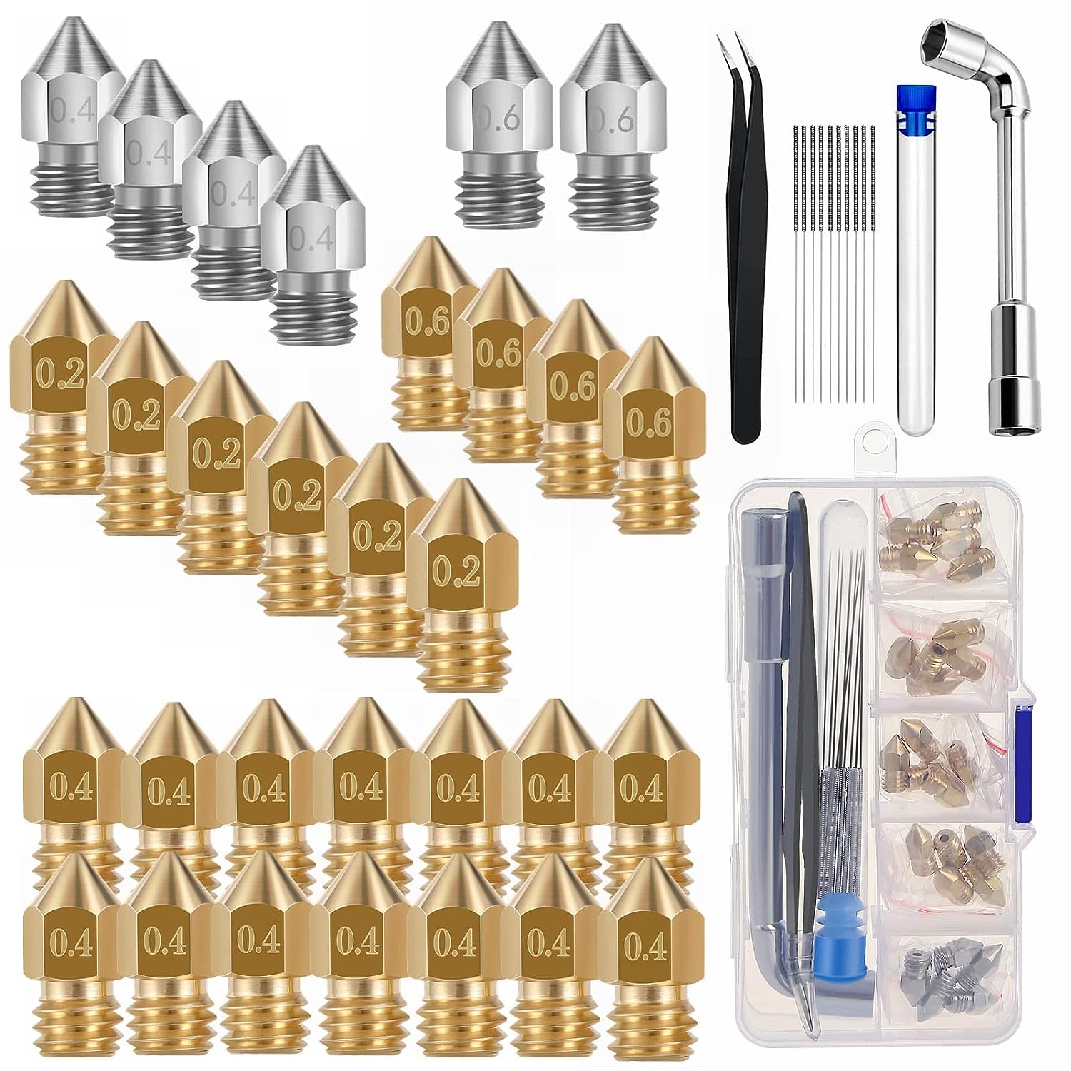 Set duze imprimanta 3D, 30 de piese, de 0.2mm 0.4mm 0.6mm, filet M6, filament 1.75mm, din alama si otel inoxidabil, cu tije de curatare, pentru Creality Ender 3 V2 /Ender 3 /Ender 3 Pro/Ender 3 Max/Ender 5 Pro, Ender 3 S1/Ender Neo/CR