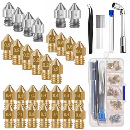 Set duze imprimanta 3D, 30 de piese, de 0.2mm 0.4mm 0.6mm, filet M6, filament 1.75mm, din alama si otel inoxidabil, cu tije de curatare, pentru Creality Ender 3 V2 /Ender 3 /Ender 3 Pro/Ender 3 Max/Ender 5 Pro, Ender 3 S1/Ender Neo/CR