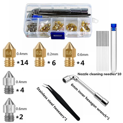 Set duze imprimanta 3D, 30 de piese, de 0.2mm 0.4mm 0.6mm, filet M6, filament 1.75mm, din alama si otel inoxidabil, cu tije de curatare, pentru Creality Ender 3 V2 /Ender 3 /Ender 3 Pro/Ender 3 Max/Ender 5 Pro, Ender 3 S1/Ender Neo/CR