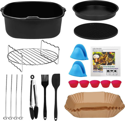 Set 15 accesorii pentru friteuza cu aer cald, compatibil cu modelele Airfryer de 5.5 litri, cu forme de prajituri, tava pentru pizza, spatula, clesti si protectie din silicon, universal