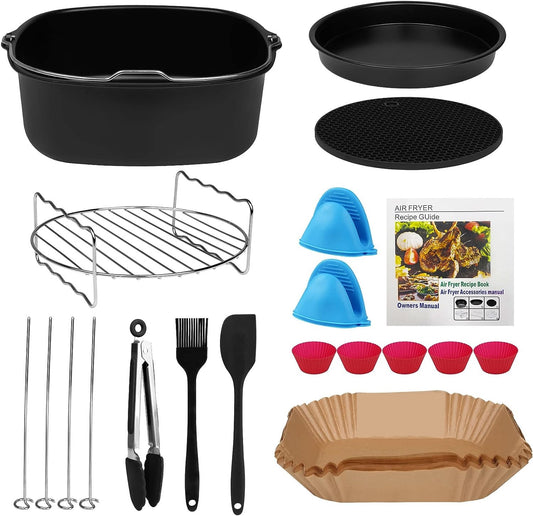 Set 15 accesorii pentru friteuza cu aer cald, compatibil cu modelele Airfryer de 5.5 litri, cu forme de prajituri, tava pentru pizza, spatula, clesti si protectie din silicon, universal