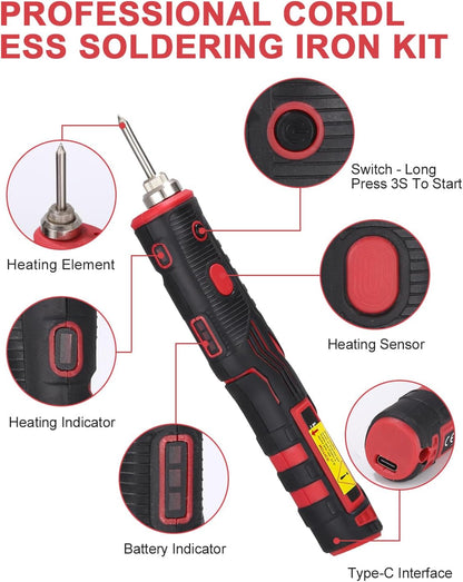 Set pistol de lipit wireless, letcon fara fir cu acumulator de 1800 mAh, 8W, Max 480 °C, cu suport, portabil, incalzire rapida, negru