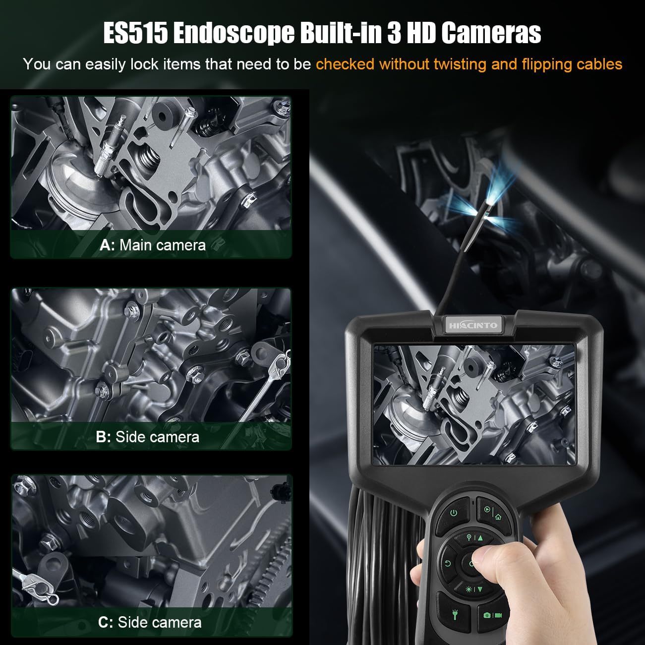 Endoscop industral, camera de inspectie cu 3 lentile, tub detasabil de 15 m si impermeabil IP68, 1080P HD, 10 lumini LED, cu accesorii si card de memorie de 32 GB, boroscop ES515