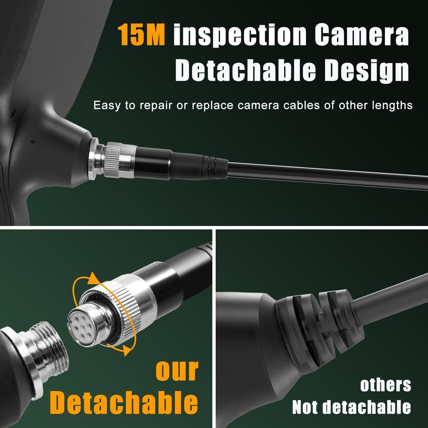 Endoscop industral, camera de inspectie cu 3 lentile, tub detasabil de 15 m si impermeabil IP68, 1080P HD, 10 lumini LED, cu accesorii si card de memorie de 32 GB, boroscop ES515