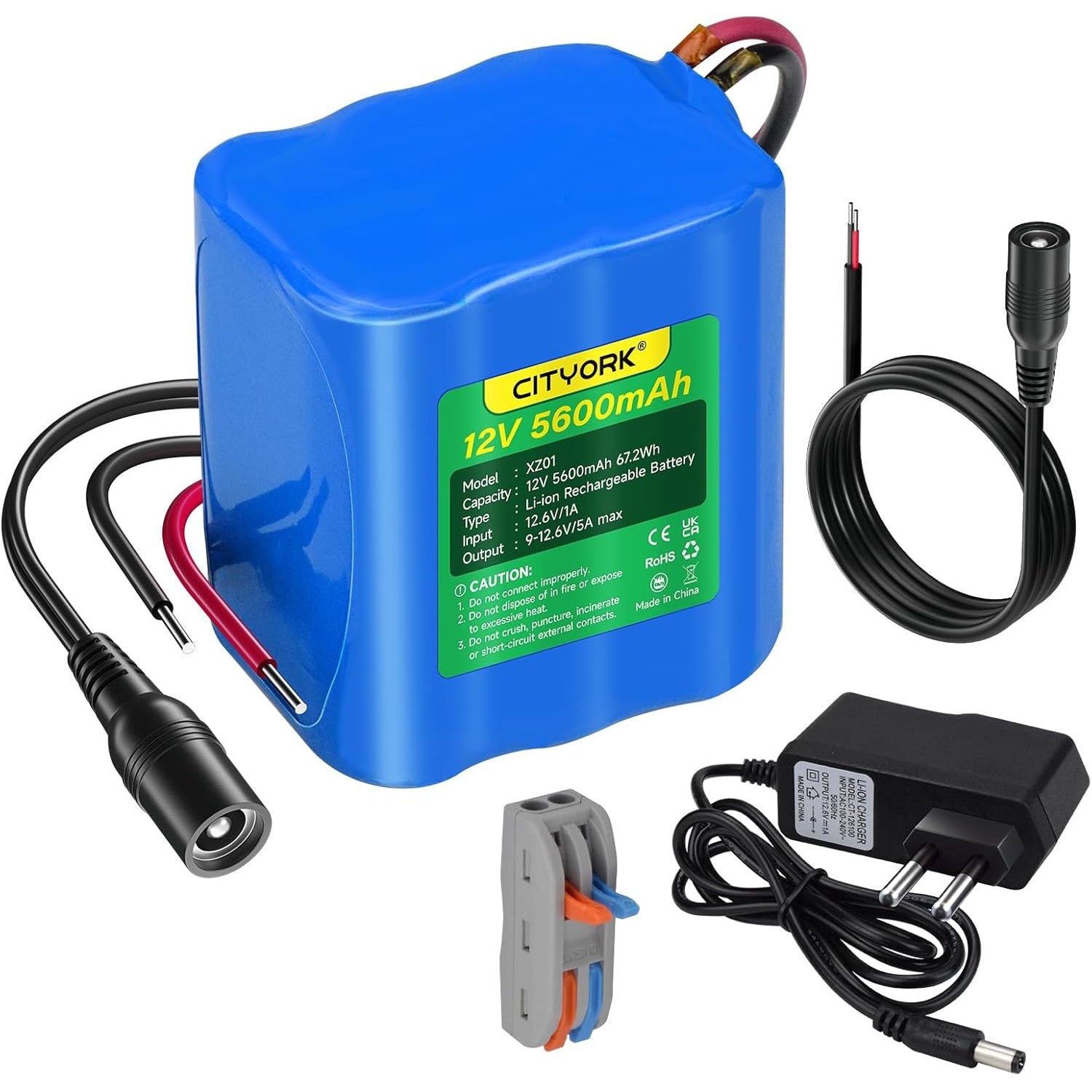 Acumulator 12V, 5600mAh 5A, cu mufa incarcare si incarcator Li-Ion, pentru RC, camere wireless, camere supraveghere, playere portabile, benzi LED, drone