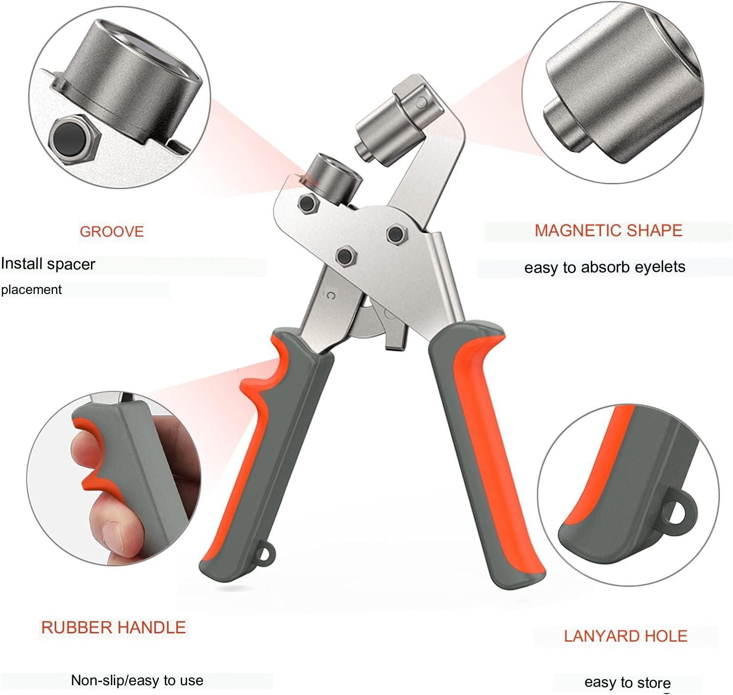 Set cleste pentru ochi, 16 cm, cu 500 ocheti de 10 mm diametru interior, pentru perforare si inserare, cu maner ergonomic, usor de utilizat