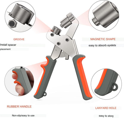 Set cleste pentru ochi, 16 cm, cu 500 ocheti de 10 mm diametru interior, pentru perforare si inserare, cu maner ergonomic, usor de utilizat