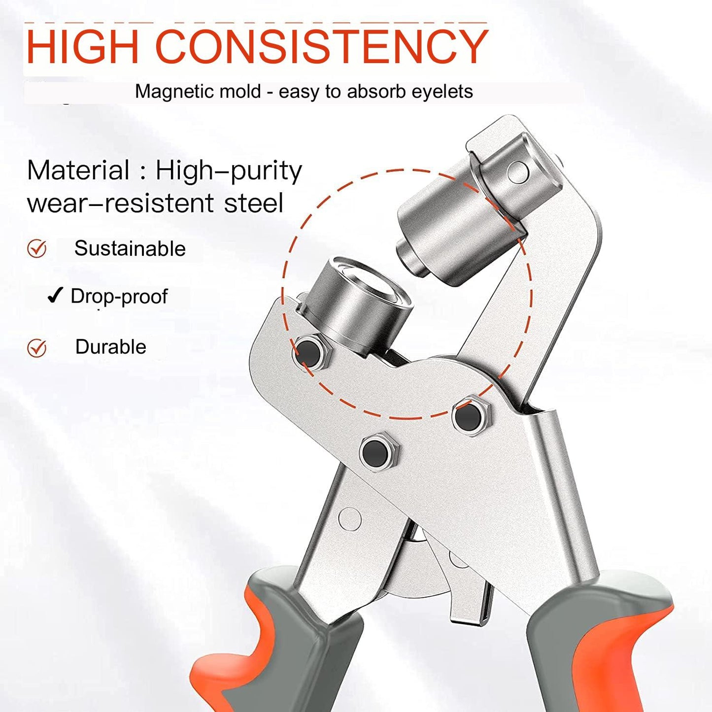 Set cleste pentru ochi, 16 cm, cu 500 ocheti de 10 mm diametru interior, pentru perforare si inserare, cu maner ergonomic, usor de utilizat