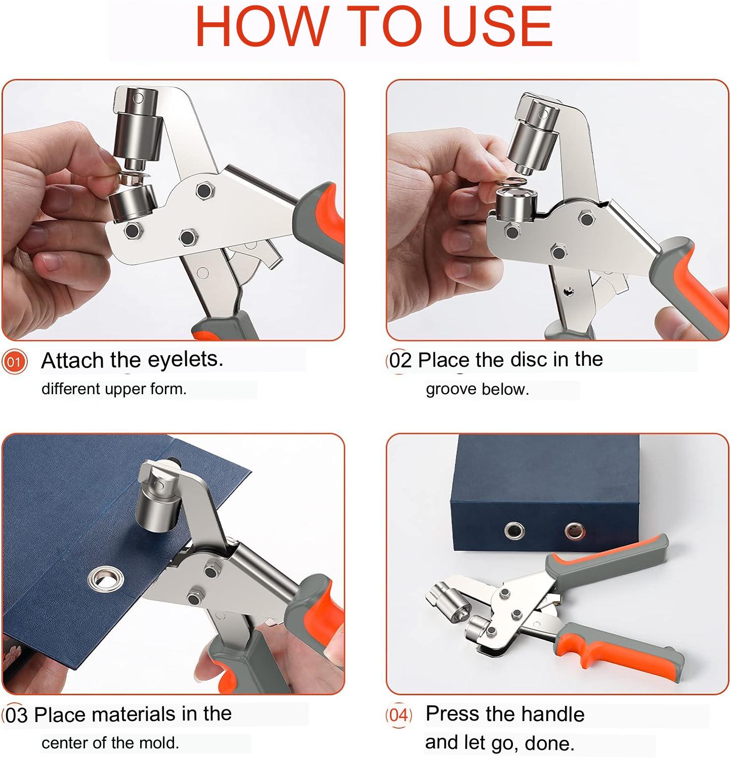 Set cleste pentru ochi, 16 cm, cu 500 ocheti de 10 mm diametru interior, pentru perforare si inserare, cu maner ergonomic, usor de utilizat