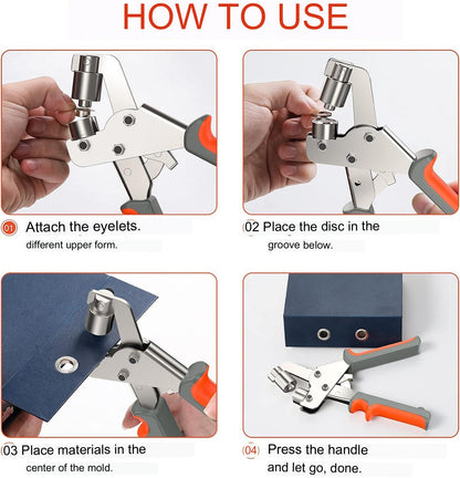 Set cleste pentru ochi, 16 cm, cu 500 ocheti de 10 mm diametru interior, pentru perforare si inserare, cu maner ergonomic, usor de utilizat
