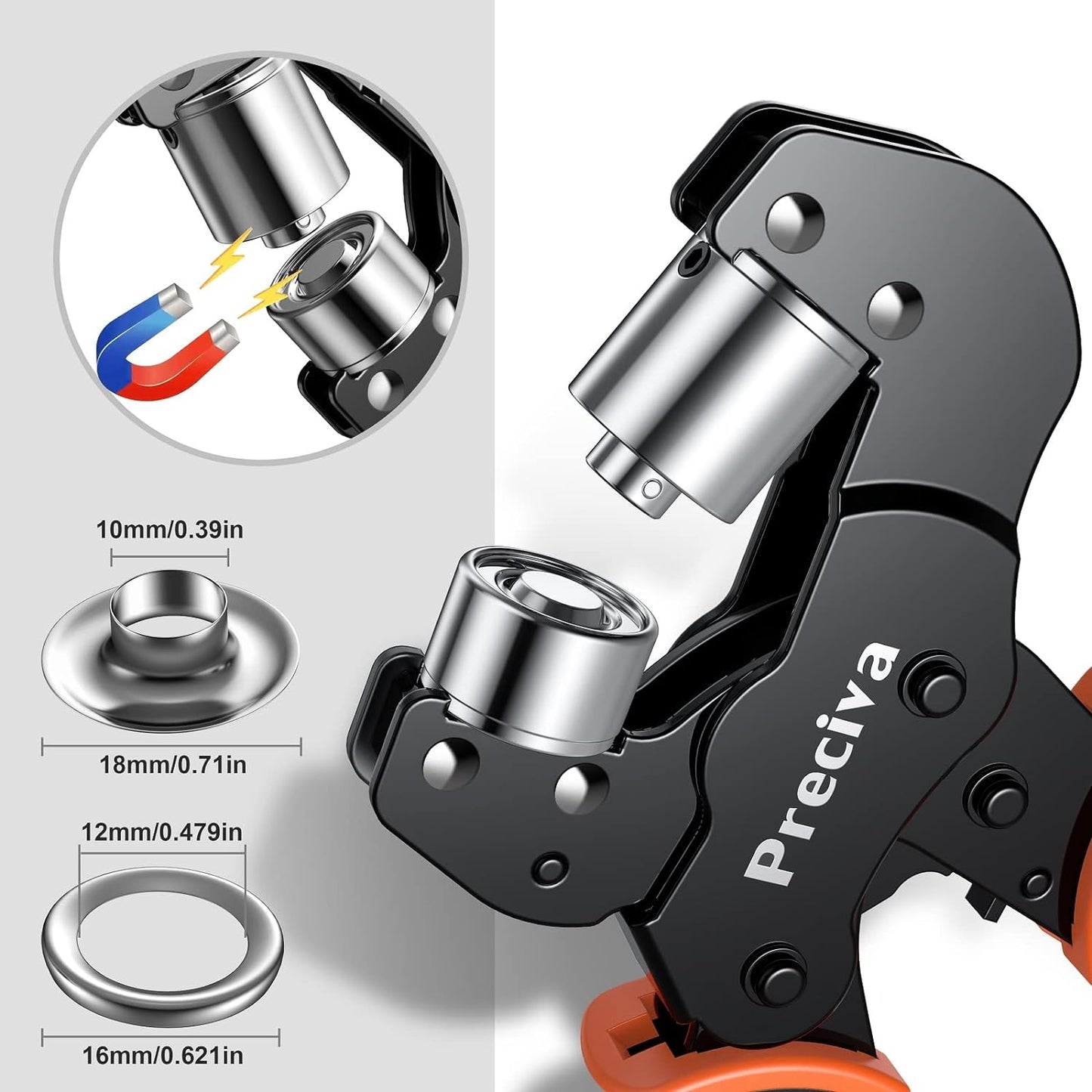 Set cleste pentru ochi profesional, de 10 mm, cap magnetic, cu 500 de ochiuri, sistem cu clichet, pentru bannere din PVC, prelate, carton, Preciva