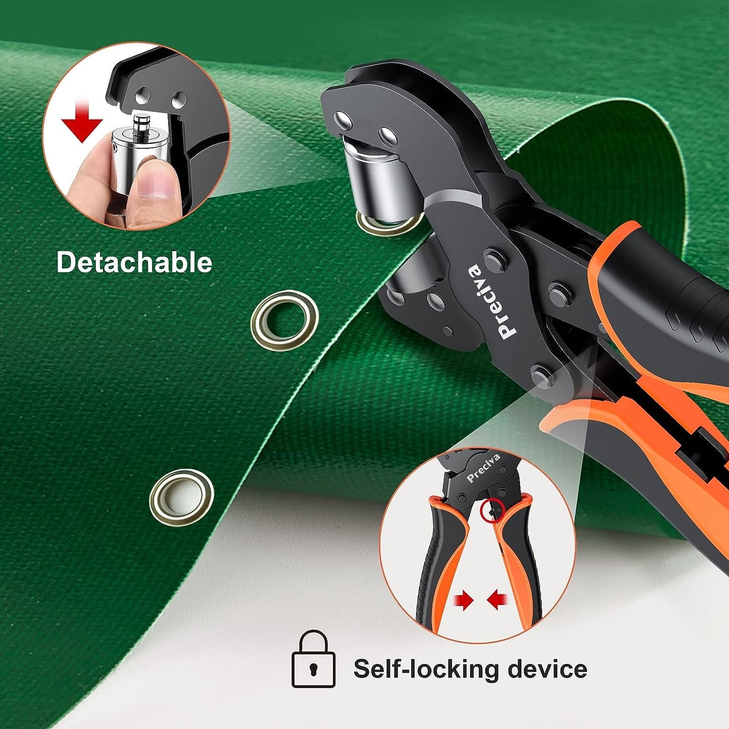 Set cleste pentru ochi profesional, de 10 mm, cap magnetic, cu 500 de ochiuri, sistem cu clichet, pentru bannere din PVC, prelate, carton, Preciva