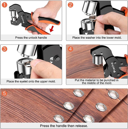 Set cleste pentru ochi profesional, de 10 mm, cap magnetic, cu 500 de ochiuri, sistem cu clichet, pentru bannere din PVC, prelate, carton, Preciva