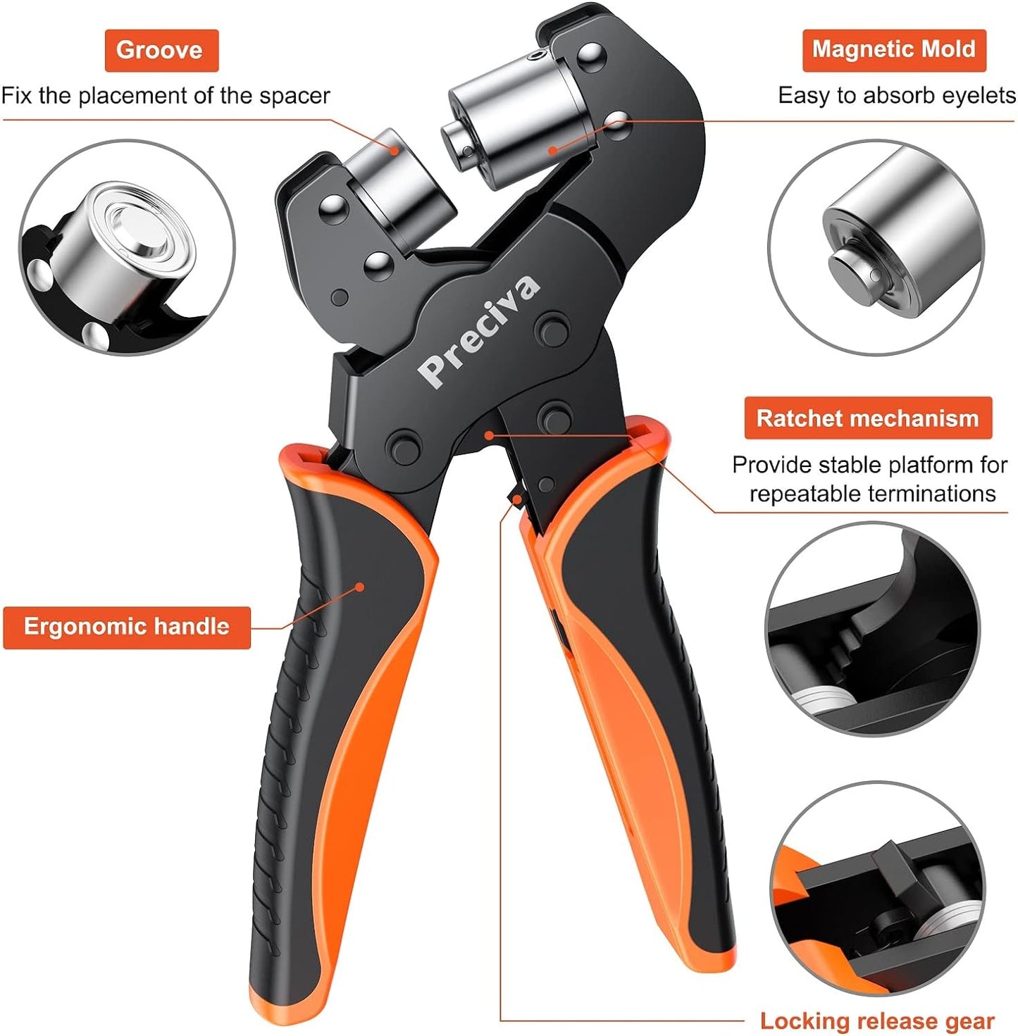 Set de cleste pentru ochi de 6 mm si 10 mm, cu cap magnetic interschimbabil, 400 de ochiuri, sistem cu clichet si auto blocare, pentru bannere, prelata, cutii, Preciva