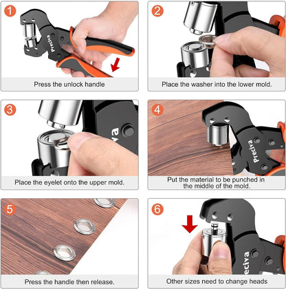 Set de cleste pentru ochi de 6 mm si 10 mm, cu cap magnetic interschimbabil, 400 de ochiuri, sistem cu clichet si auto blocare, pentru bannere, prelata, cutii, Preciva
