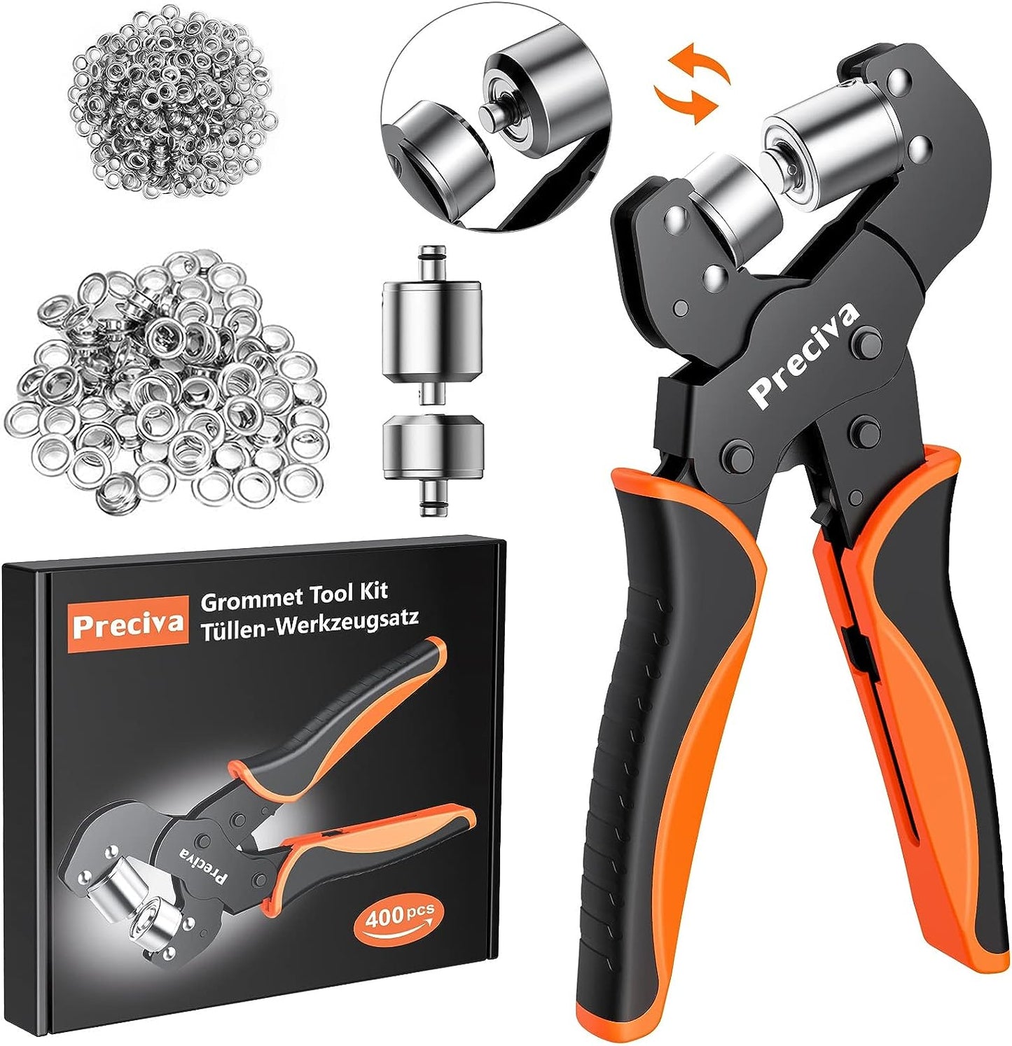 Set de cleste pentru ochi de 6 mm si 10 mm, cu cap magnetic interschimbabil, 400 de ochiuri, sistem cu clichet si auto blocare, pentru bannere, prelata, cutii, Preciva