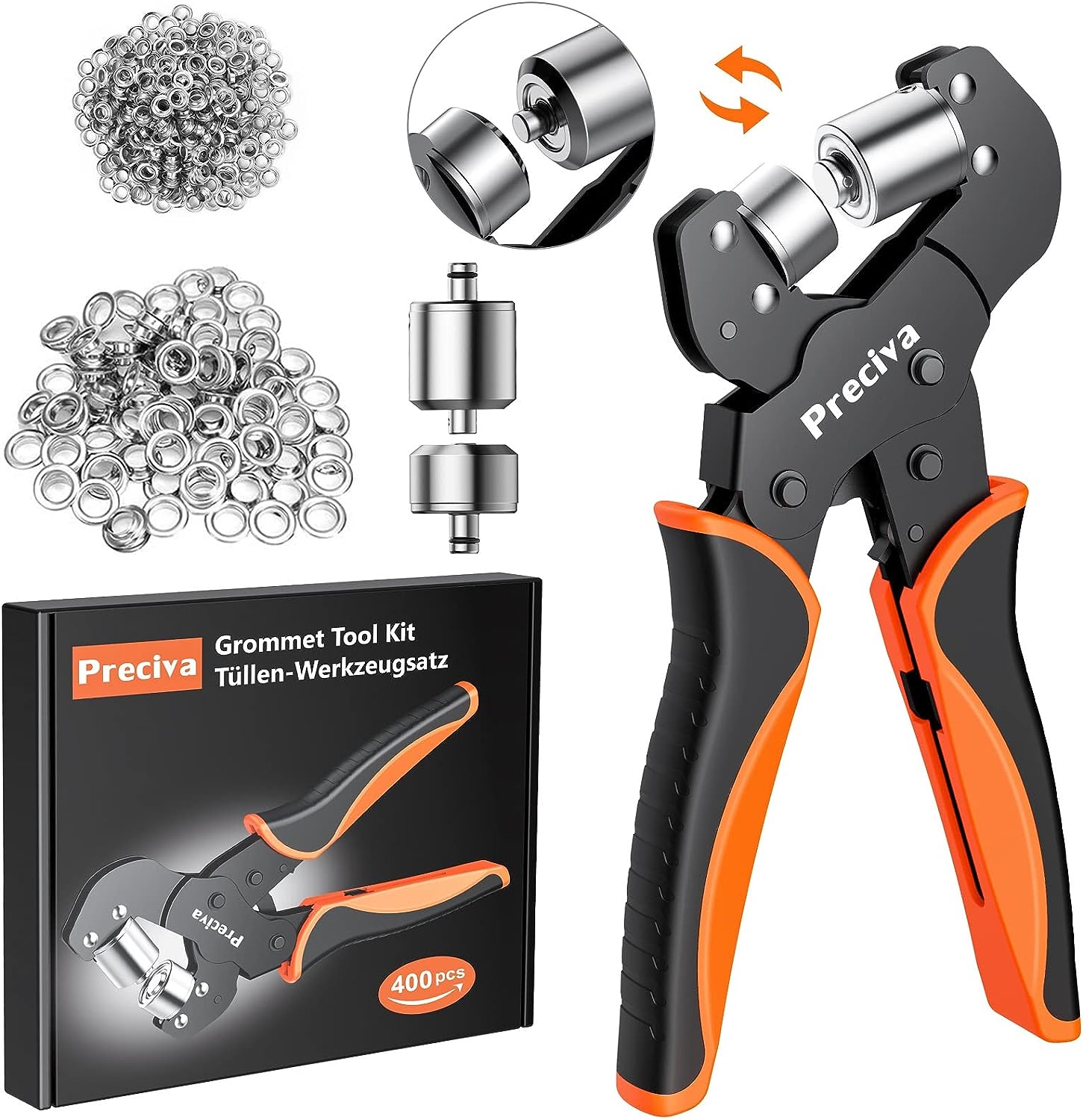 Set de cleste pentru ochi de 6 mm si 10 mm, cu cap magnetic interschimbabil, 400 de ochiuri, sistem cu clichet si auto blocare, pentru bannere, prelata, cutii, Preciva