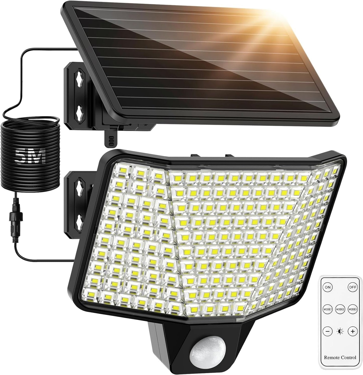 Lampa solara LED cu panou solar, unghi larg de 180º, senzor de miscare PIR, lumina 7500 lm, telecomanda, acumulator incorporat de 1800 mAh, impermeabila IP65, cu fir de 5 m, Benma