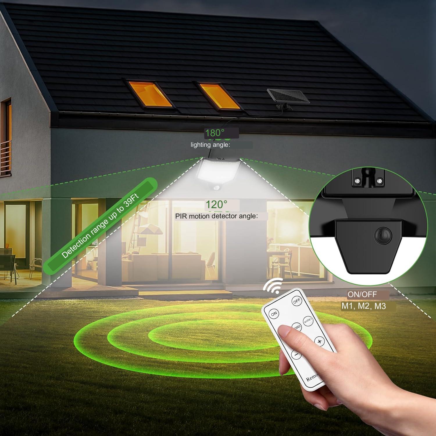 Lampa solara LED cu panou solar, unghi larg de 180º, senzor de miscare PIR, lumina 7500 lm, telecomanda, acumulator incorporat de 1800 mAh, impermeabila IP65, cu fir de 5 m, Benma
